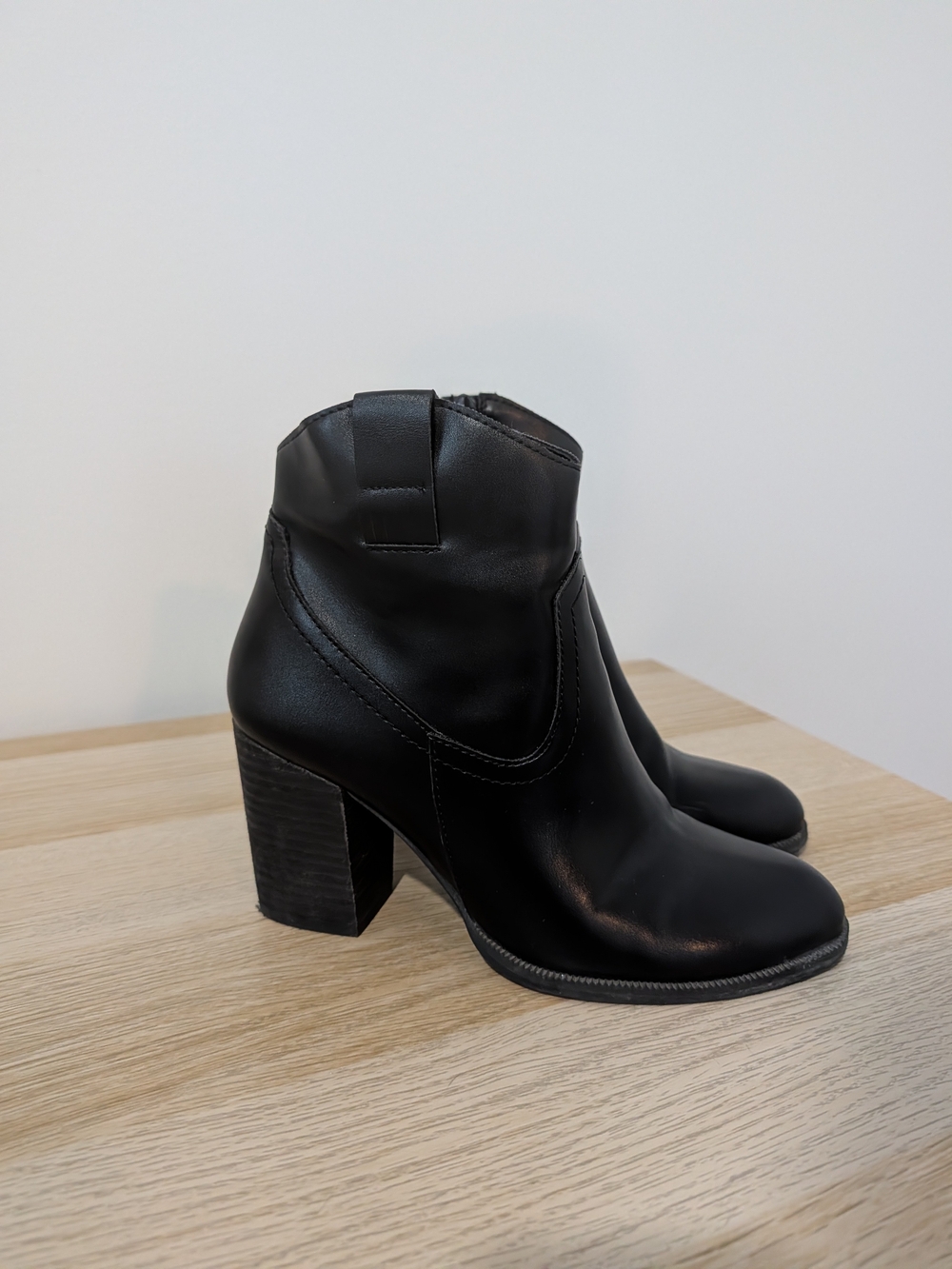 Women’s Black Leather Ankle Boots with Block Heel